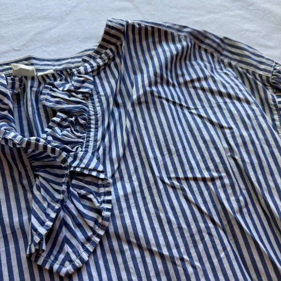 Gap Womens Blue & White Striped Long Sleeve Blouse S 100% Cotton Ruffle Neckline - Picture 5 of 10